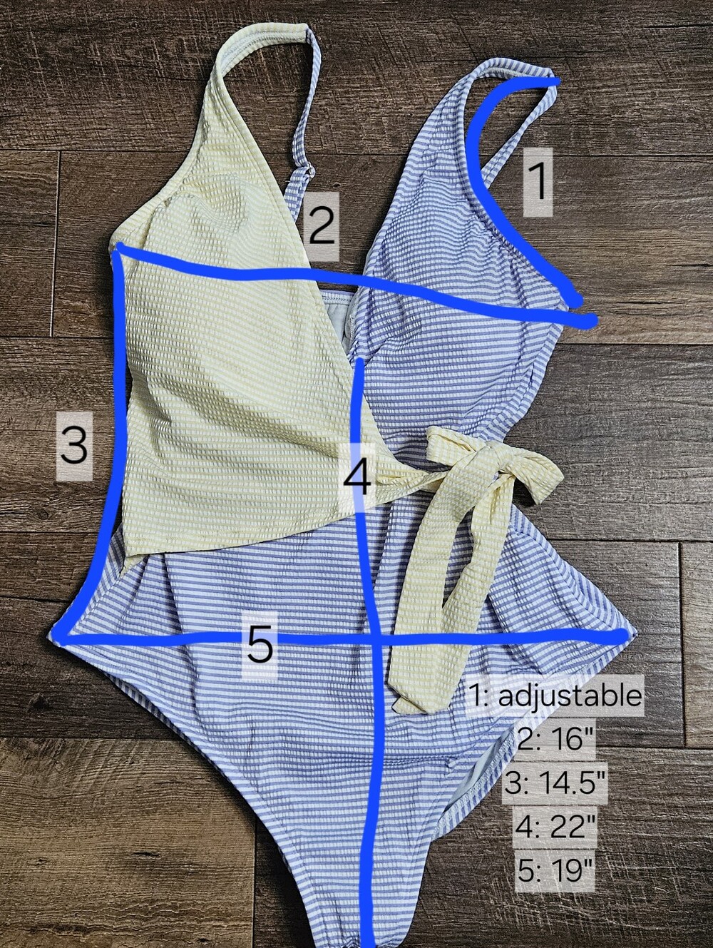Striped Blue & Pale Yellow Gingham One-Piece Wrap Swimsuit - XL - Picture 5 of 5